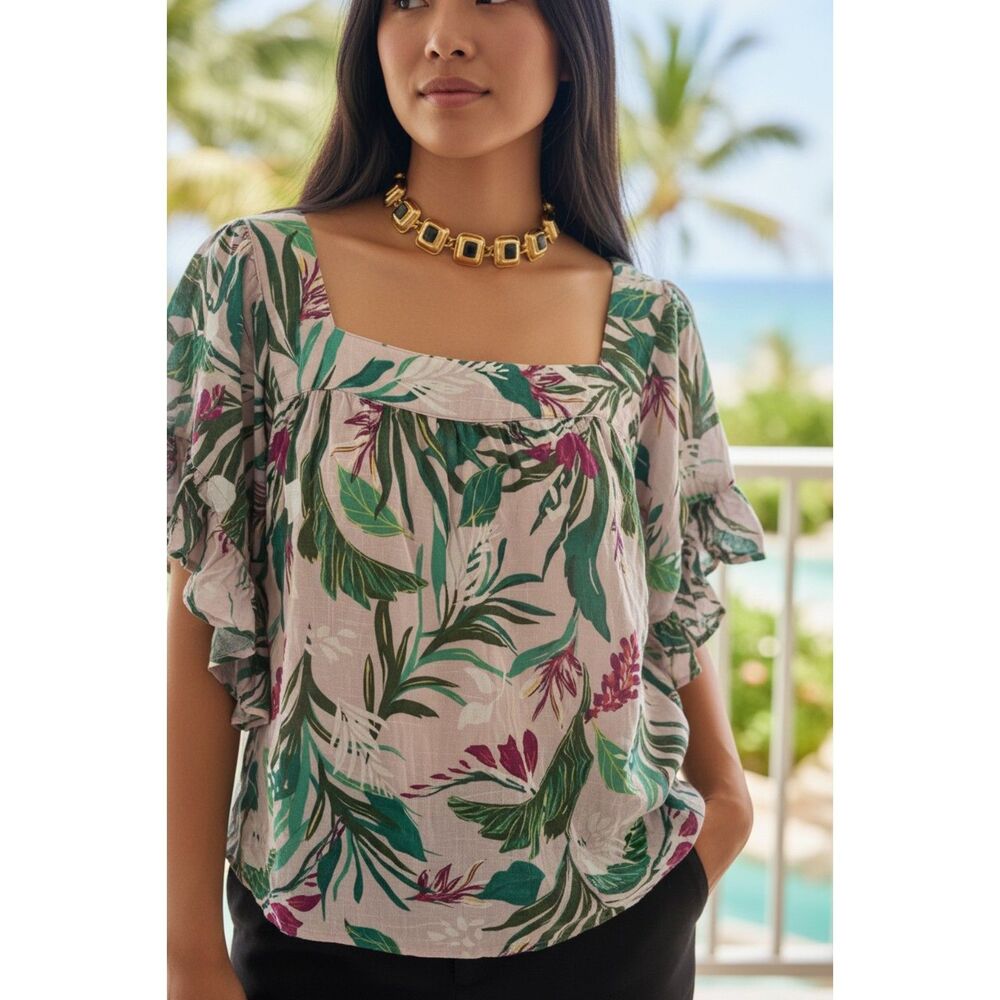 3X Terra Sky Woman's Plus Size Flutter Sleeve Peasant Top Lilac Ruffle Vacation